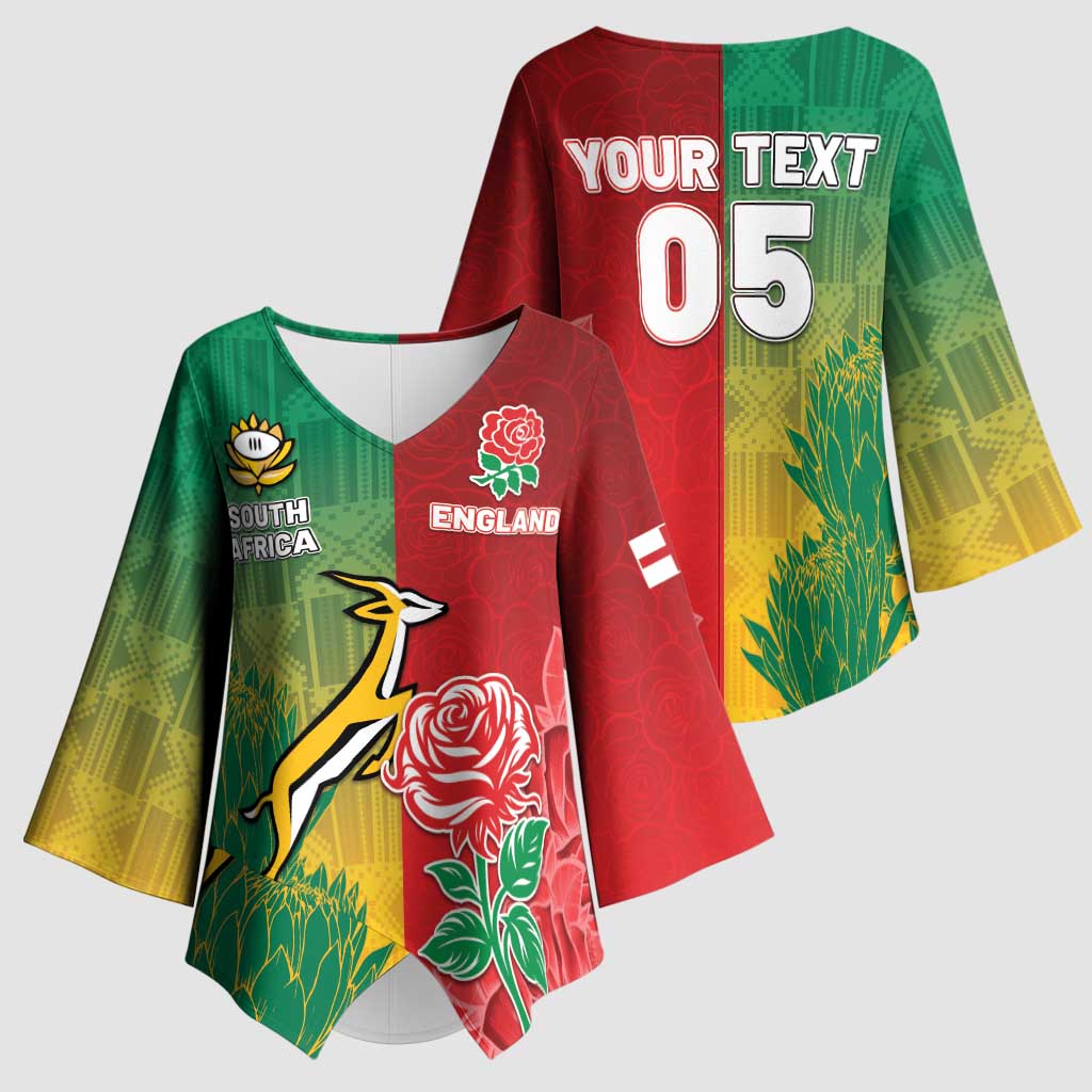 South Africa And England Rugby Custom Kimono Sleeve Blouse Springboks And Red Rose Together - Wonder Print Shop
