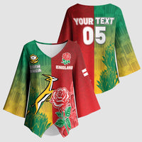 South Africa And England Rugby Custom Kimono Sleeve Blouse Springboks And Red Rose Together - Wonder Print Shop