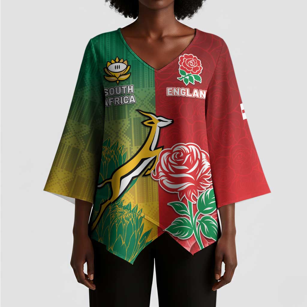 South Africa And England Rugby Custom Kimono Sleeve Blouse Springboks And Red Rose Together - Wonder Print Shop