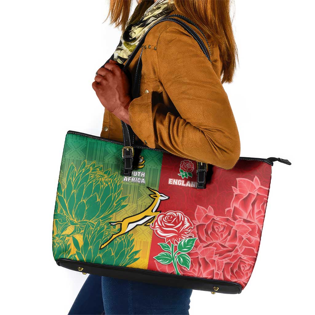 South Africa And England Rugby Leather Tote Bag Springboks And Red Rose Together - Wonder Print Shop