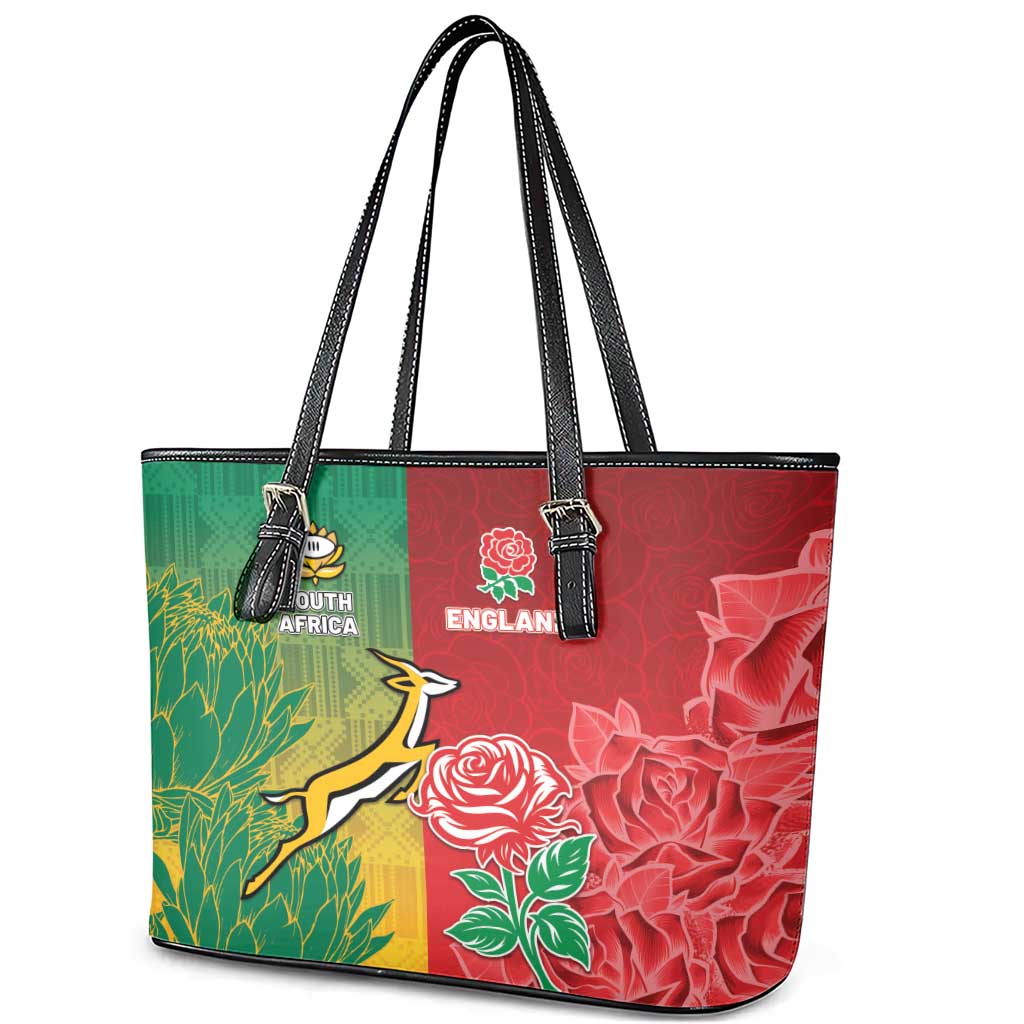 South Africa And England Rugby Leather Tote Bag Springboks And Red Rose Together - Wonder Print Shop