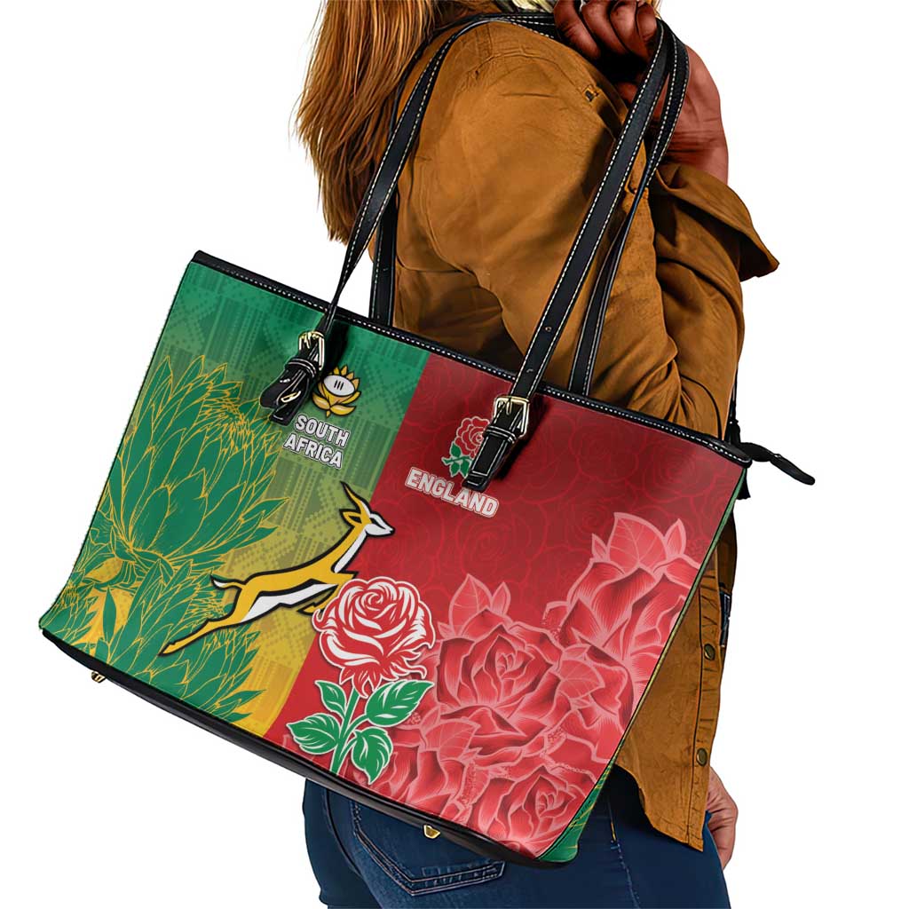 South Africa And England Rugby Leather Tote Bag Springboks And Red Rose Together - Wonder Print Shop