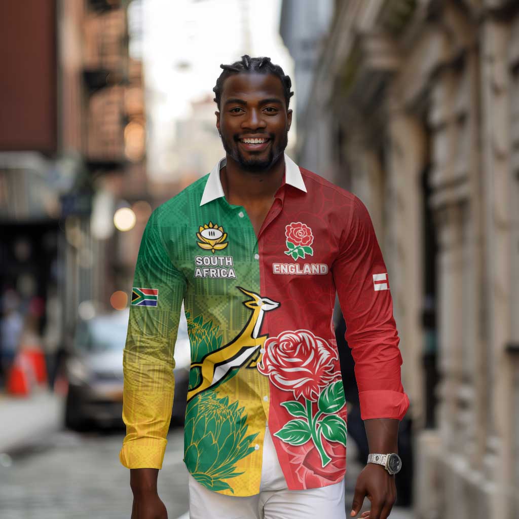 South Africa And England Rugby Custom Long Sleeve Button Shirt Springboks And Red Rose Together - Wonder Print Shop