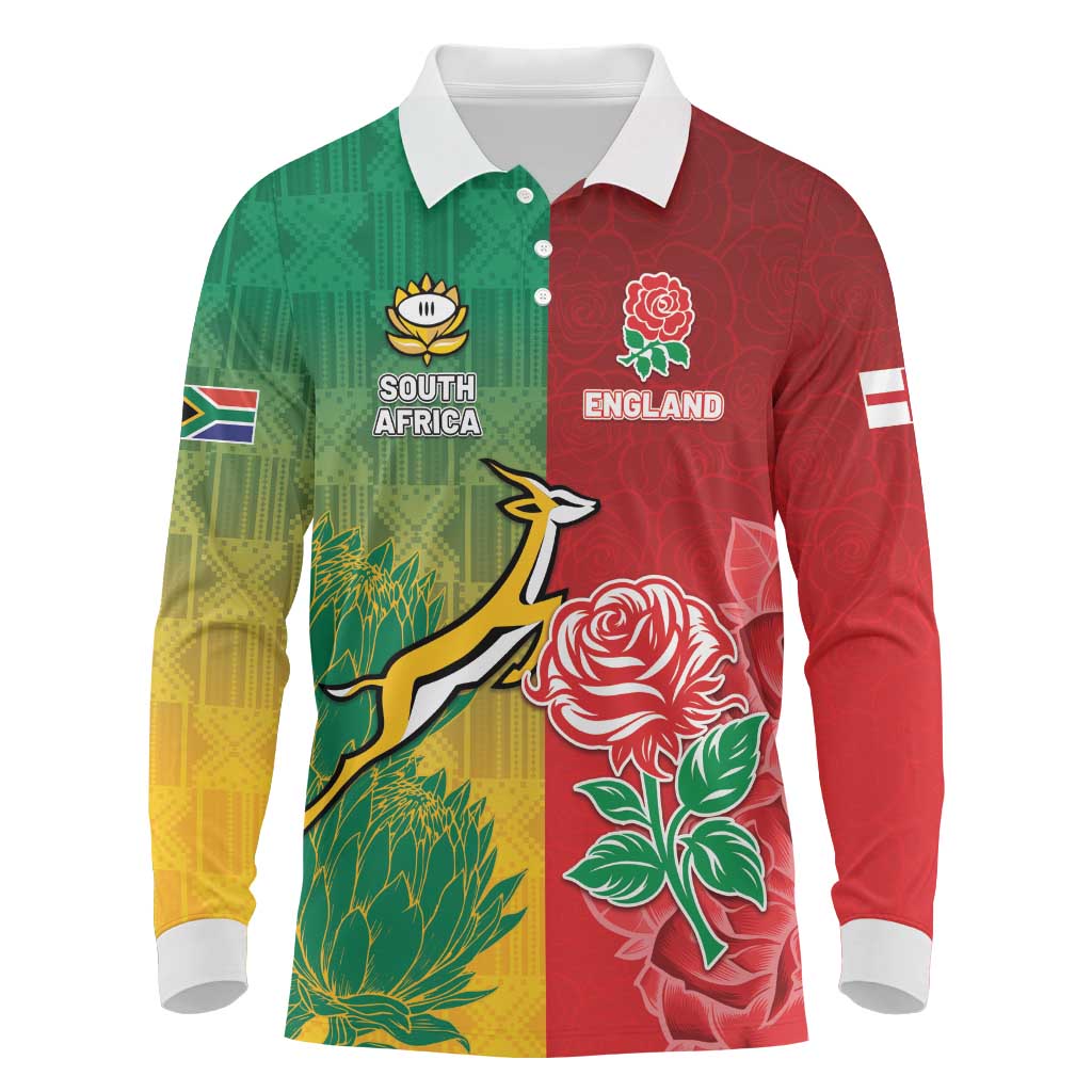 South Africa And England Rugby Custom Long Sleeve Polo Shirt Springboks And Red Rose Together - Wonder Print Shop