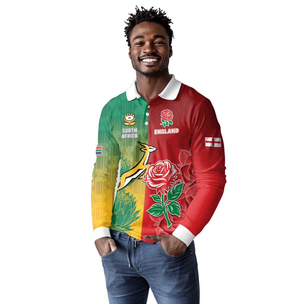 South Africa And England Rugby Custom Long Sleeve Polo Shirt Springboks And Red Rose Together - Wonder Print Shop