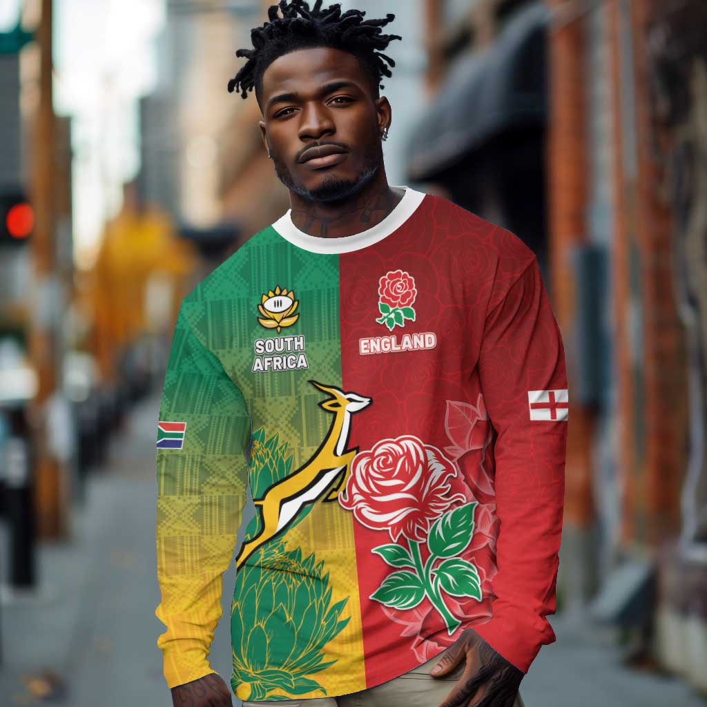 South Africa And England Rugby Custom Long Sleeve Shirt Springboks And Red Rose Together - Wonder Print Shop