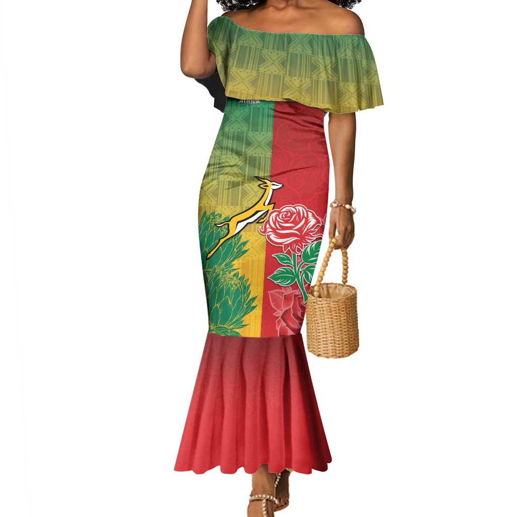 South Africa And England Rugby Custom Mermaid Dress Springboks And Red Rose Together - Wonder Print Shop