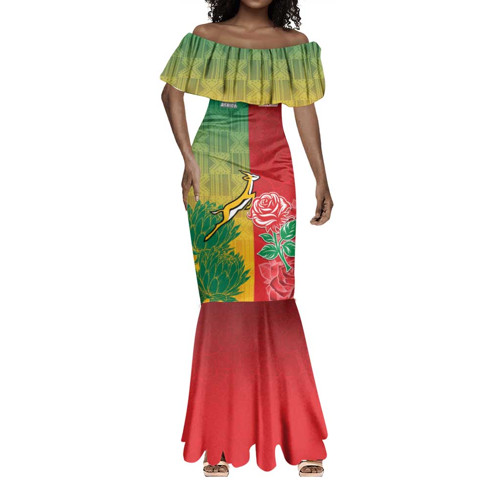 South Africa And England Rugby Custom Mermaid Dress Springboks And Red Rose Together - Wonder Print Shop