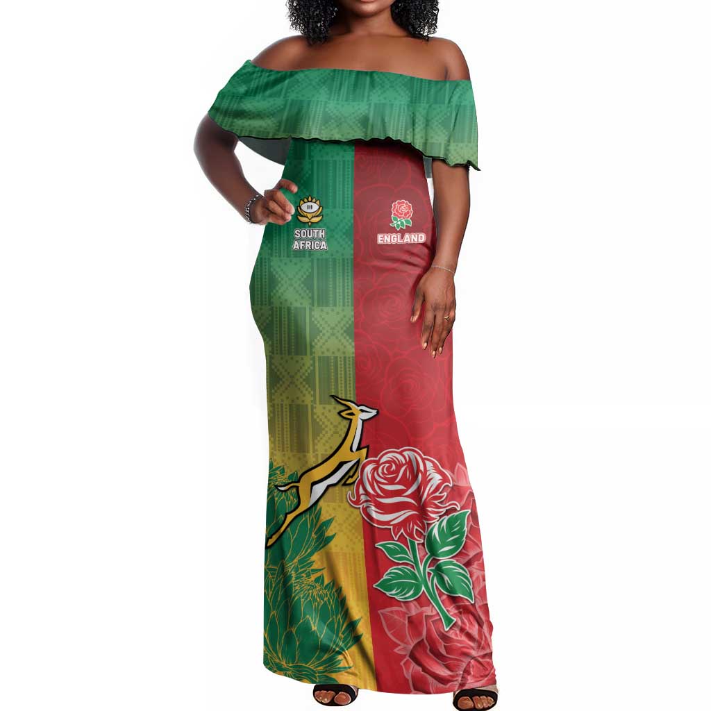 South Africa And England Rugby Custom Off Shoulder Maxi Dress Springboks And Red Rose Together - Wonder Print Shop