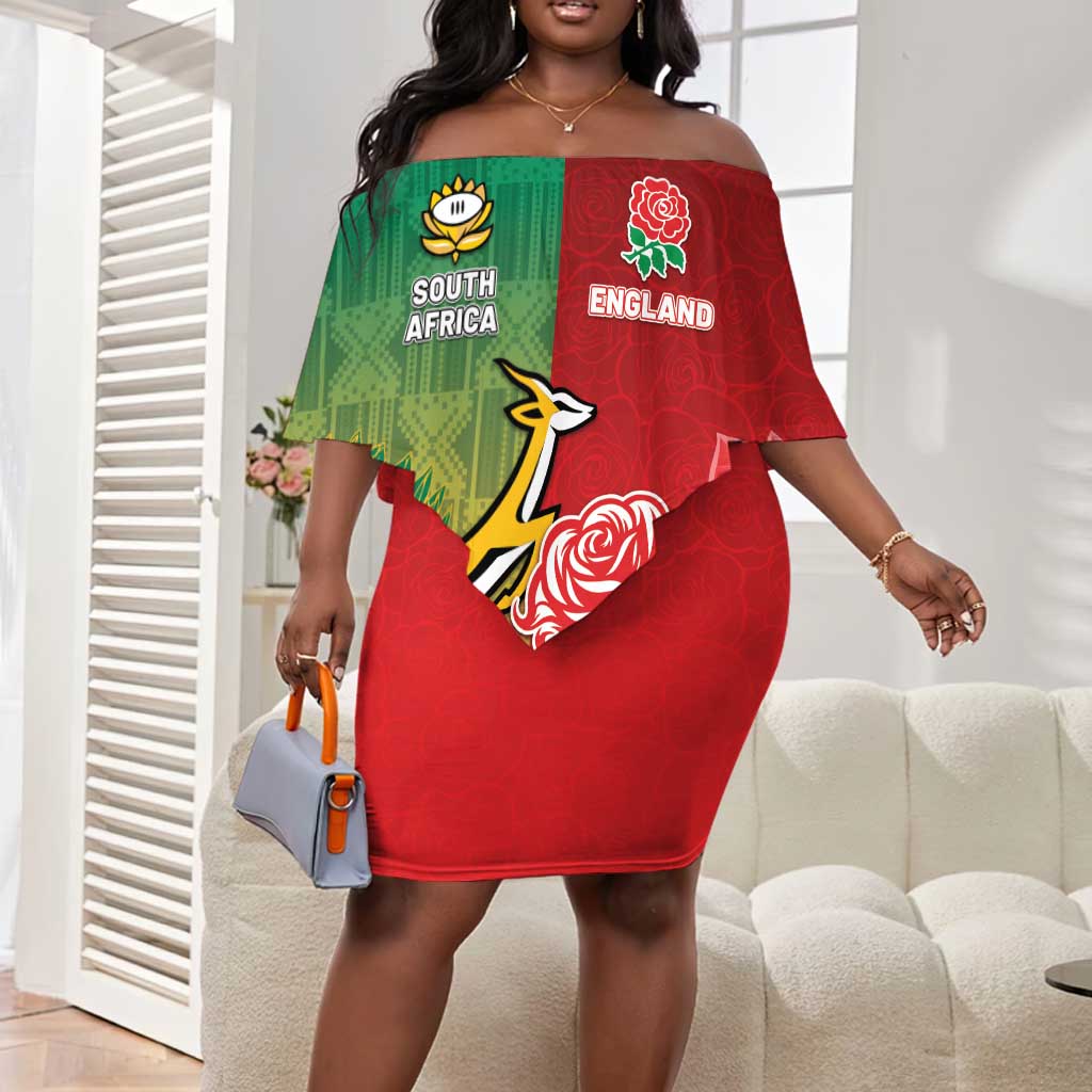 South Africa And England Rugby Custom Off Shoulder Short Dress Springboks And Red Rose Together - Wonder Print Shop