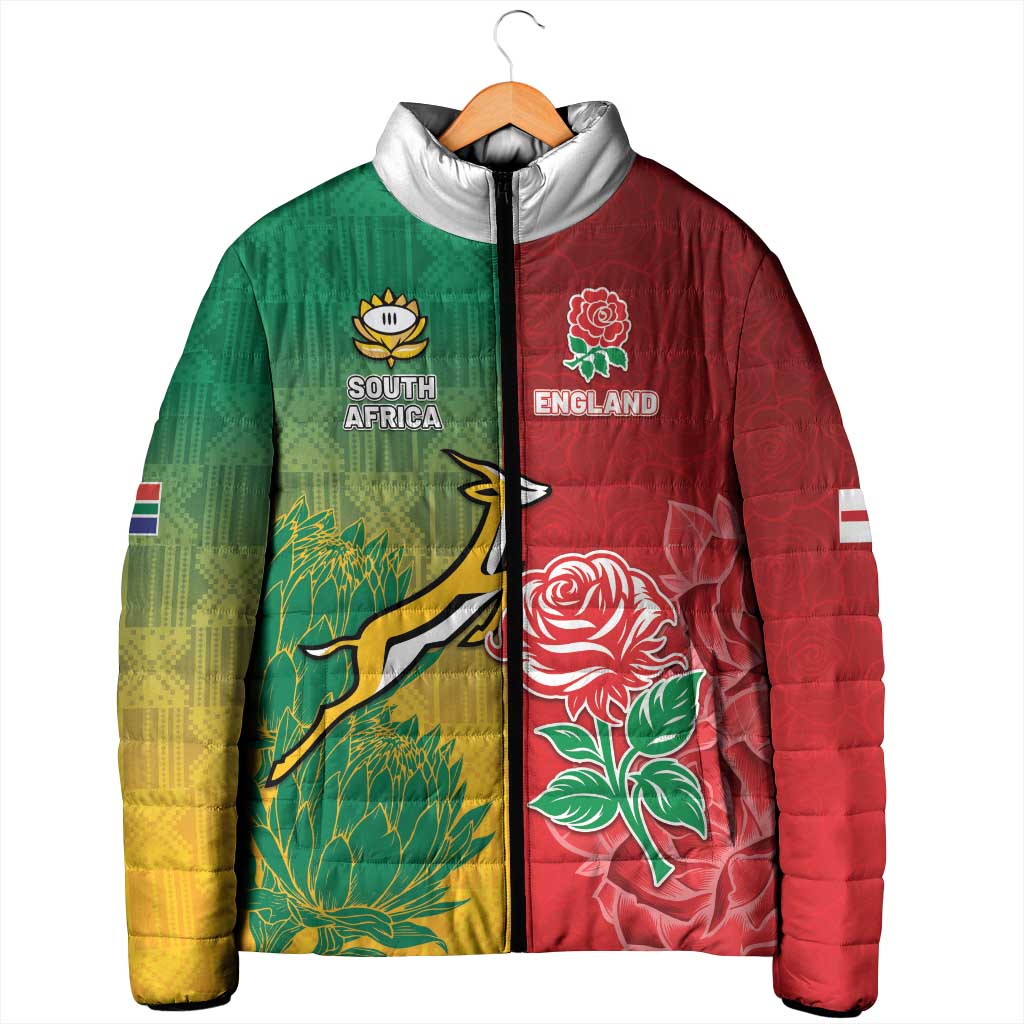 South Africa And England Rugby Custom Padded Jacket Springboks And Red Rose Together - Wonder Print Shop
