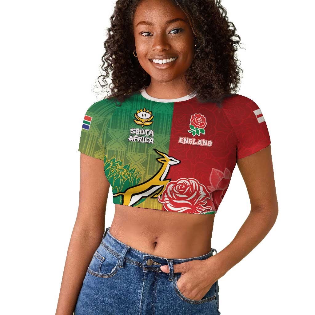 South Africa And England Rugby Custom Raglan Cropped T shirt Springboks And Red Rose Together - Wonder Print Shop