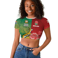 South Africa And England Rugby Custom Raglan Cropped T shirt Springboks And Red Rose Together - Wonder Print Shop