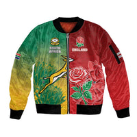 South Africa And England Rugby Custom Sleeve Zip Bomber Jacket Springboks And Red Rose Together - Wonder Print Shop