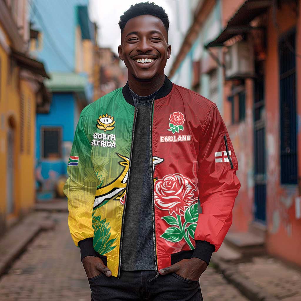 South Africa And England Rugby Custom Sleeve Zip Bomber Jacket Springboks And Red Rose Together - Wonder Print Shop