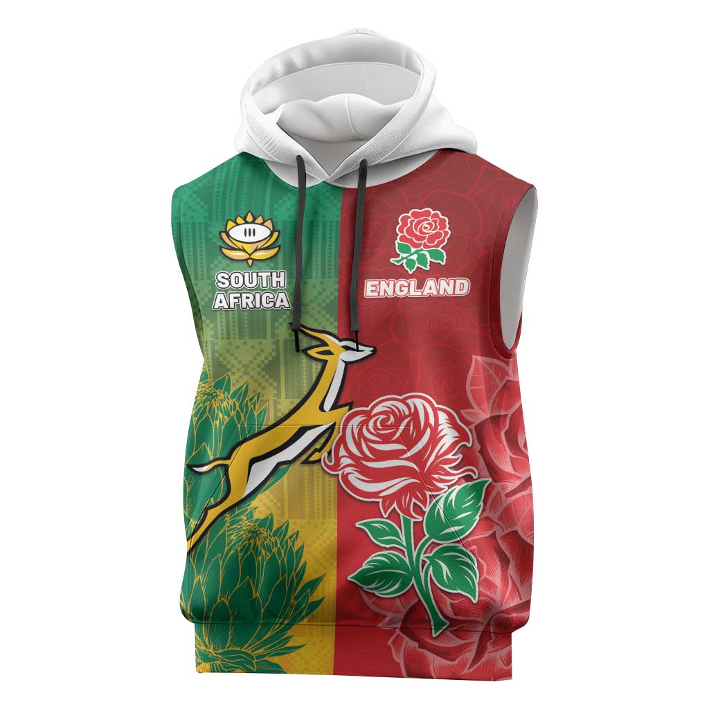 South Africa And England Rugby Custom Sleeveless Hoodie Springboks And Red Rose Together - Wonder Print Shop