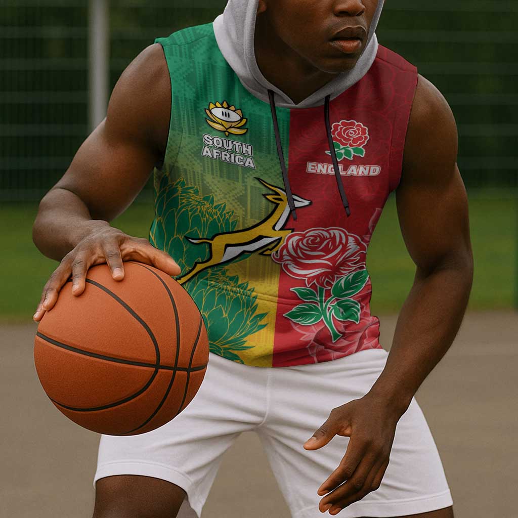 South Africa And England Rugby Custom Sleeveless Hoodie Springboks And Red Rose Together - Wonder Print Shop