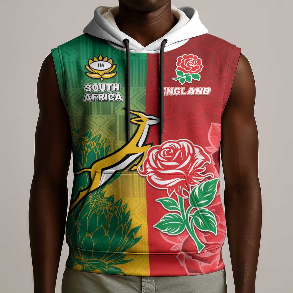 South Africa And England Rugby Custom Sleeveless Hoodie Springboks And Red Rose Together - Wonder Print Shop