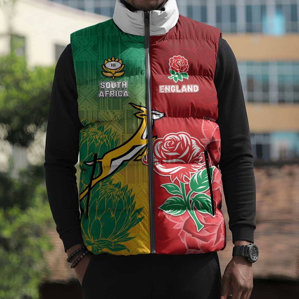 South Africa And England Rugby Custom Sleeveless Puffer Jacket Springboks And Red Rose Together - Wonder Print Shop