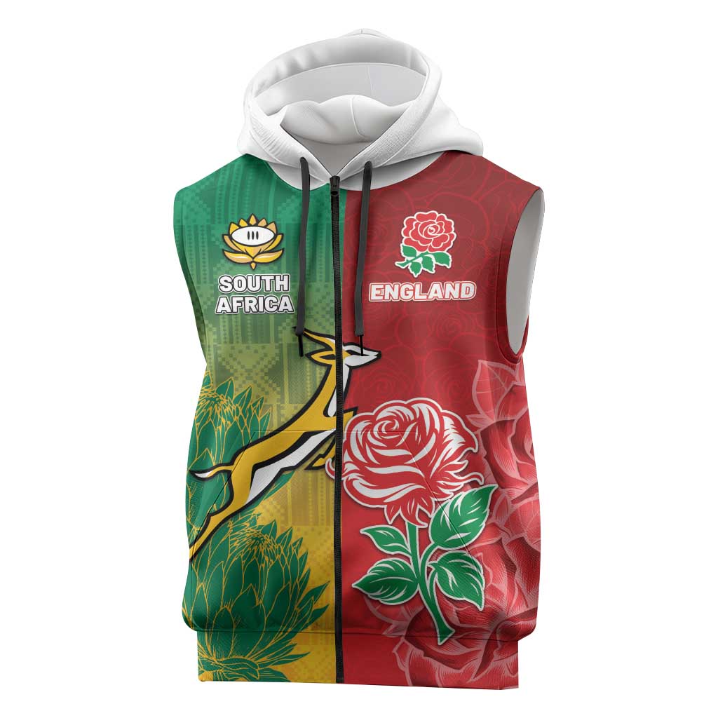 South Africa And England Rugby Custom Sleeveless Zip Hoodie Springboks And Red Rose Together - Wonder Print Shop
