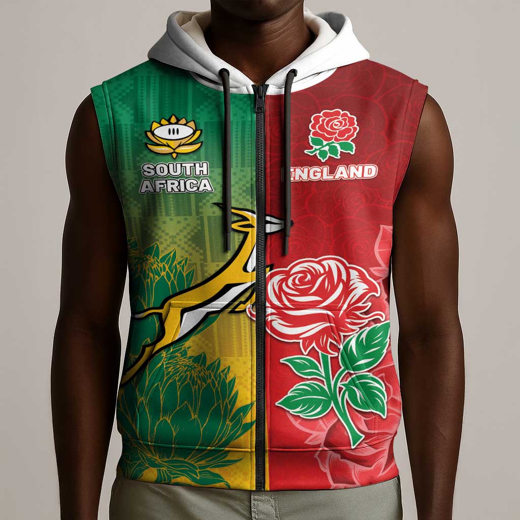 South Africa And England Rugby Custom Sleeveless Zip Hoodie Springboks And Red Rose Together - Wonder Print Shop