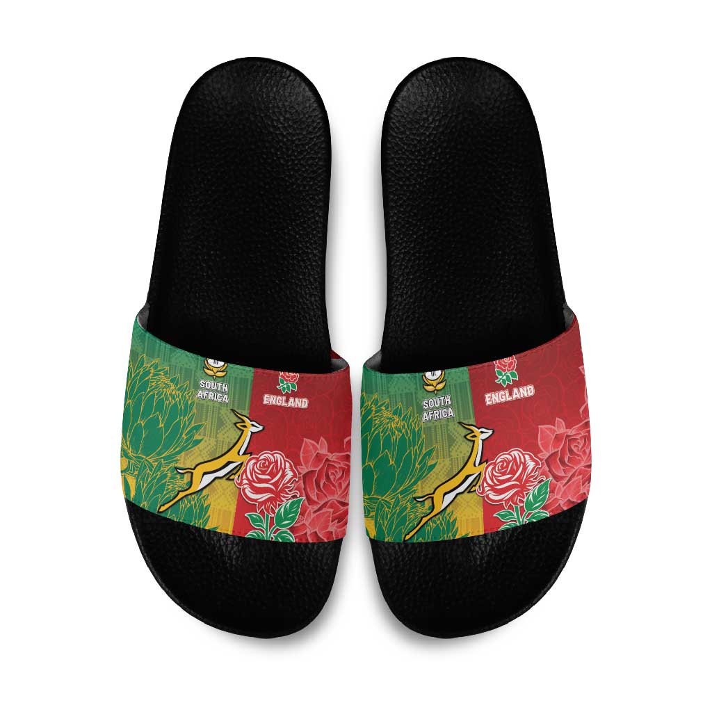 South Africa And England Rugby Slide Sandals Springboks And Red Rose Together - Wonder Print Shop