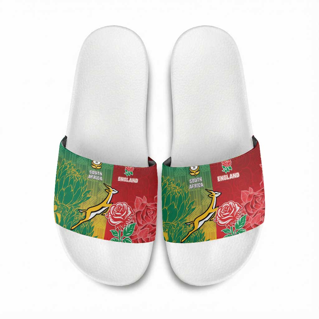 South Africa And England Rugby Slide Sandals Springboks And Red Rose Together - Wonder Print Shop