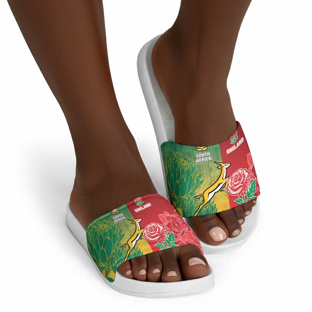 South Africa And England Rugby Slide Sandals Springboks And Red Rose Together - Wonder Print Shop