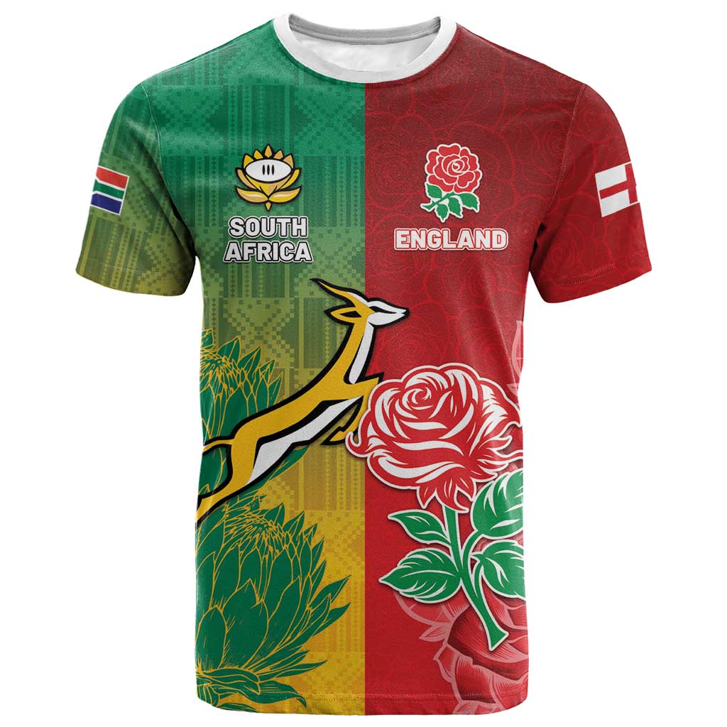 South Africa And England Rugby Custom T shirt Springboks And Red Rose Together - Wonder Print Shop