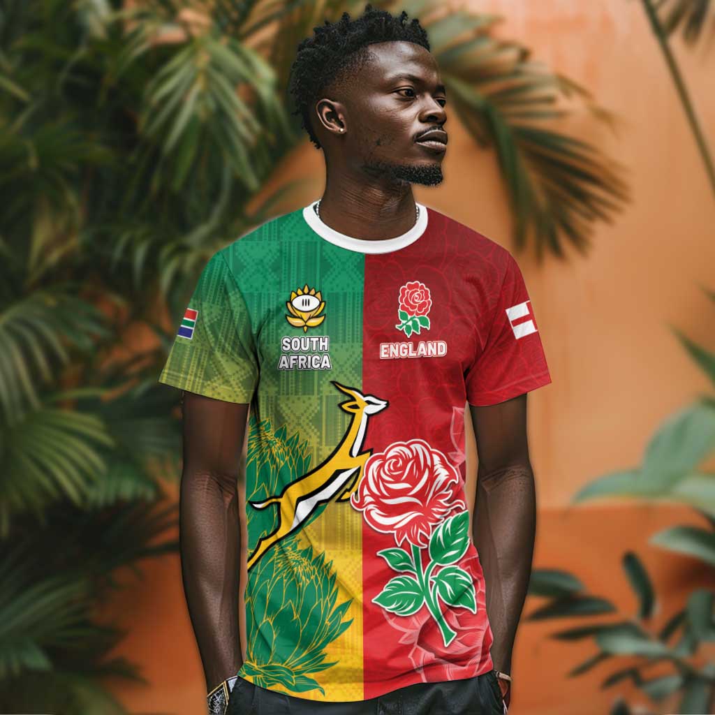 South Africa And England Rugby Custom T shirt Springboks And Red Rose Together - Wonder Print Shop
