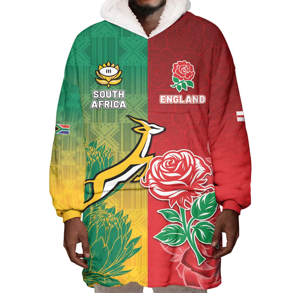 South Africa And England Rugby Custom Wearable Blanket Hoodie Springboks And Red Rose Together - Wonder Print Shop