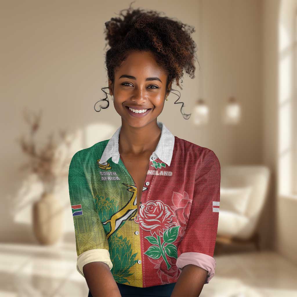 South Africa And England Rugby Custom Women Casual Shirt Springboks And Red Rose Together - Wonder Print Shop