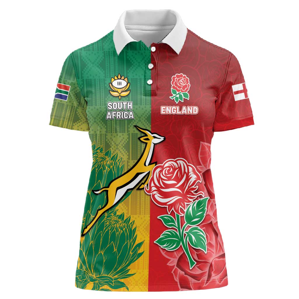 South Africa And England Rugby Custom Women Polo Shirt Springboks And Red Rose Together - Wonder Print Shop