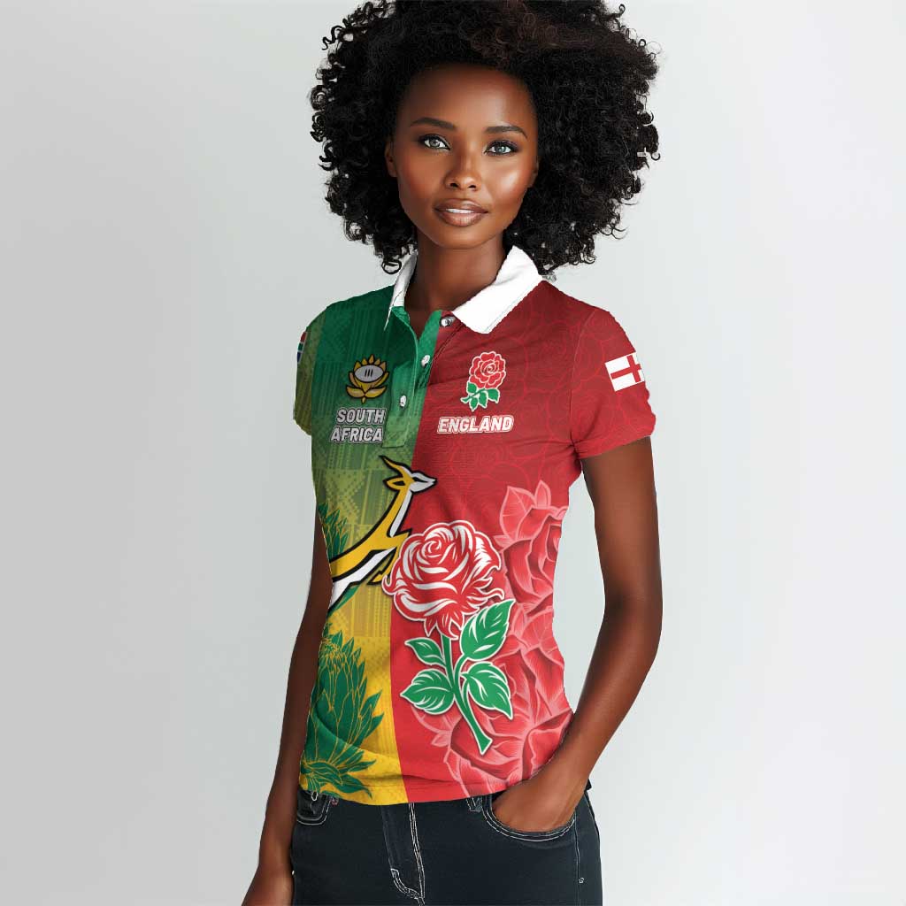 South Africa And England Rugby Custom Women Polo Shirt Springboks And Red Rose Together - Wonder Print Shop