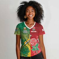 South Africa And England Rugby Custom Women V-Neck T-Shirt Springboks And Red Rose Together - Wonder Print Shop
