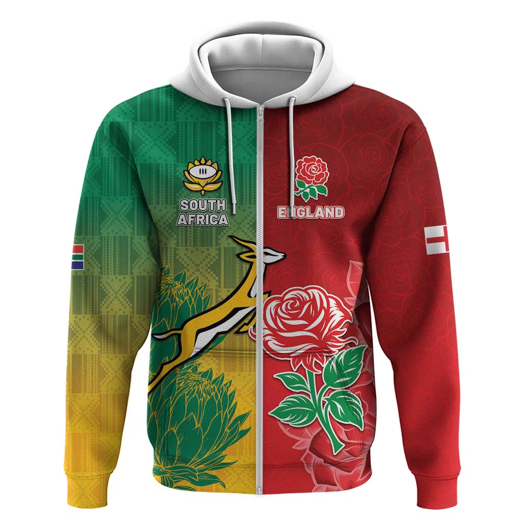 South Africa And England Rugby Custom Zip Hoodie Springboks And Red Rose Together - Wonder Print Shop