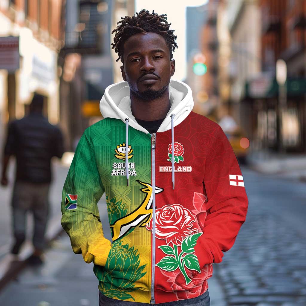 South Africa And England Rugby Custom Zip Hoodie Springboks And Red Rose Together - Wonder Print Shop