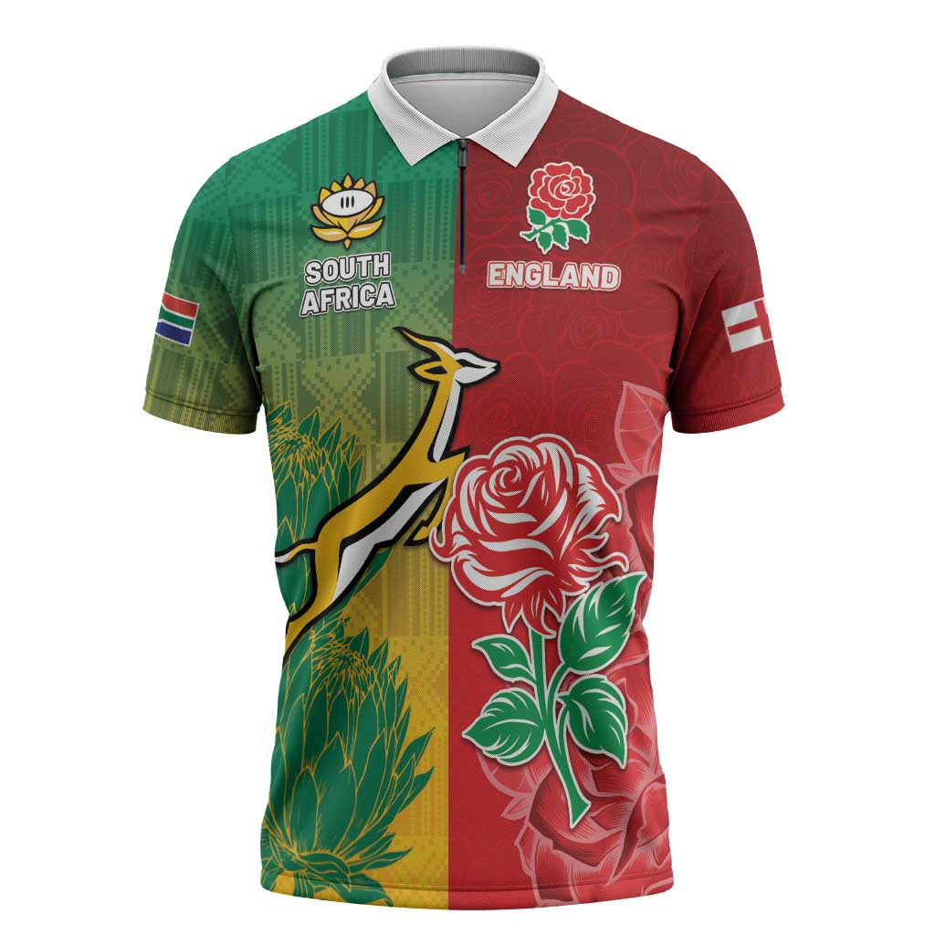South Africa And England Rugby Custom Zipper Polo Shirt Springboks And Red Rose Together - Wonder Print Shop