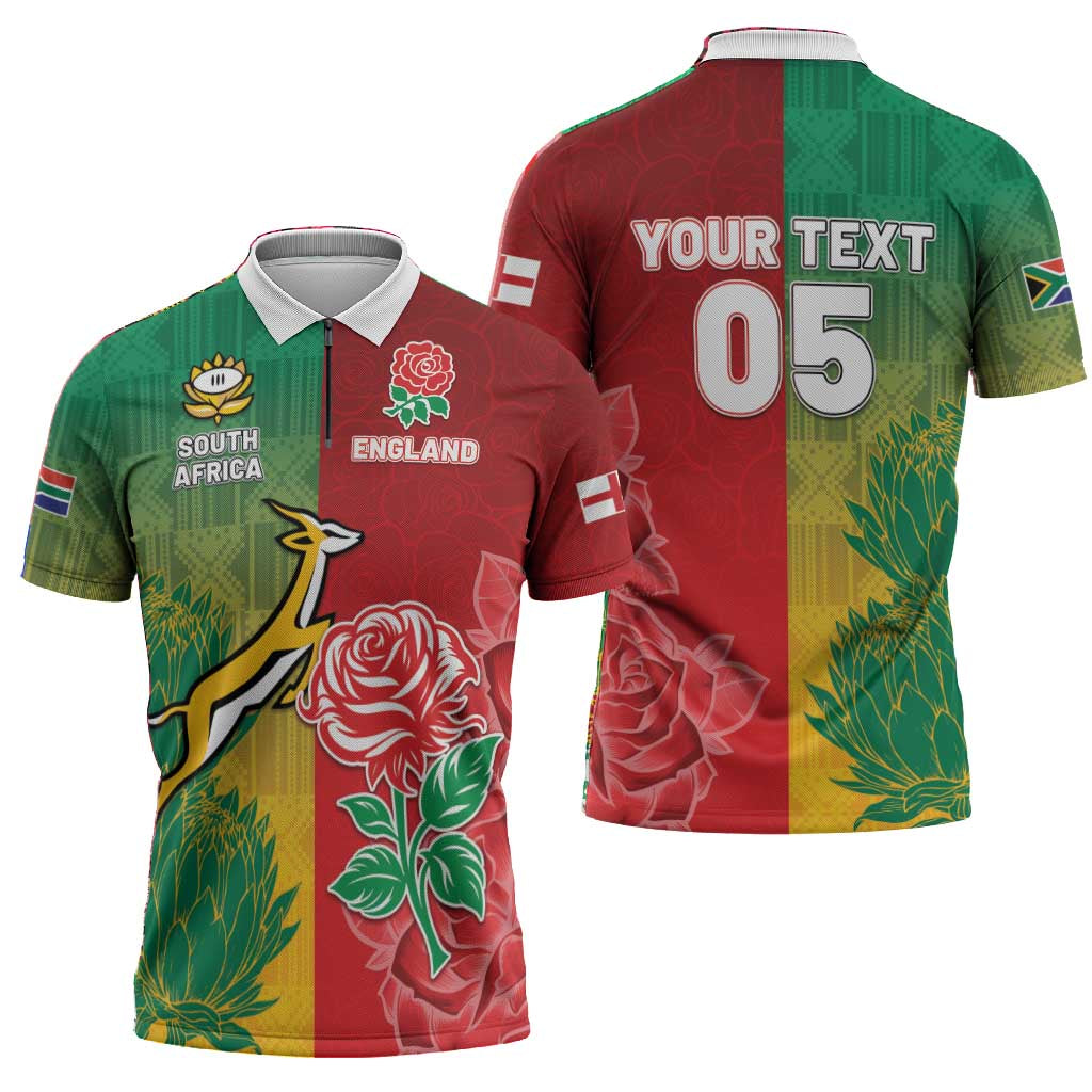 South Africa And England Rugby Custom Zipper Polo Shirt Springboks And Red Rose Together - Wonder Print Shop