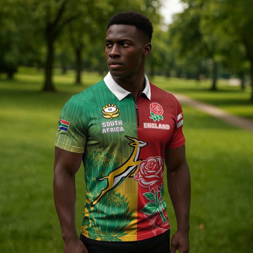 South Africa And England Rugby Custom Zipper Polo Shirt Springboks And Red Rose Together - Wonder Print Shop