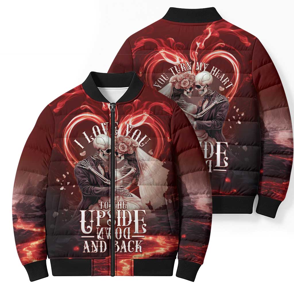 Skull Valentines Day Bomber Puffer Jacket I Love You To The Upside Down And Back