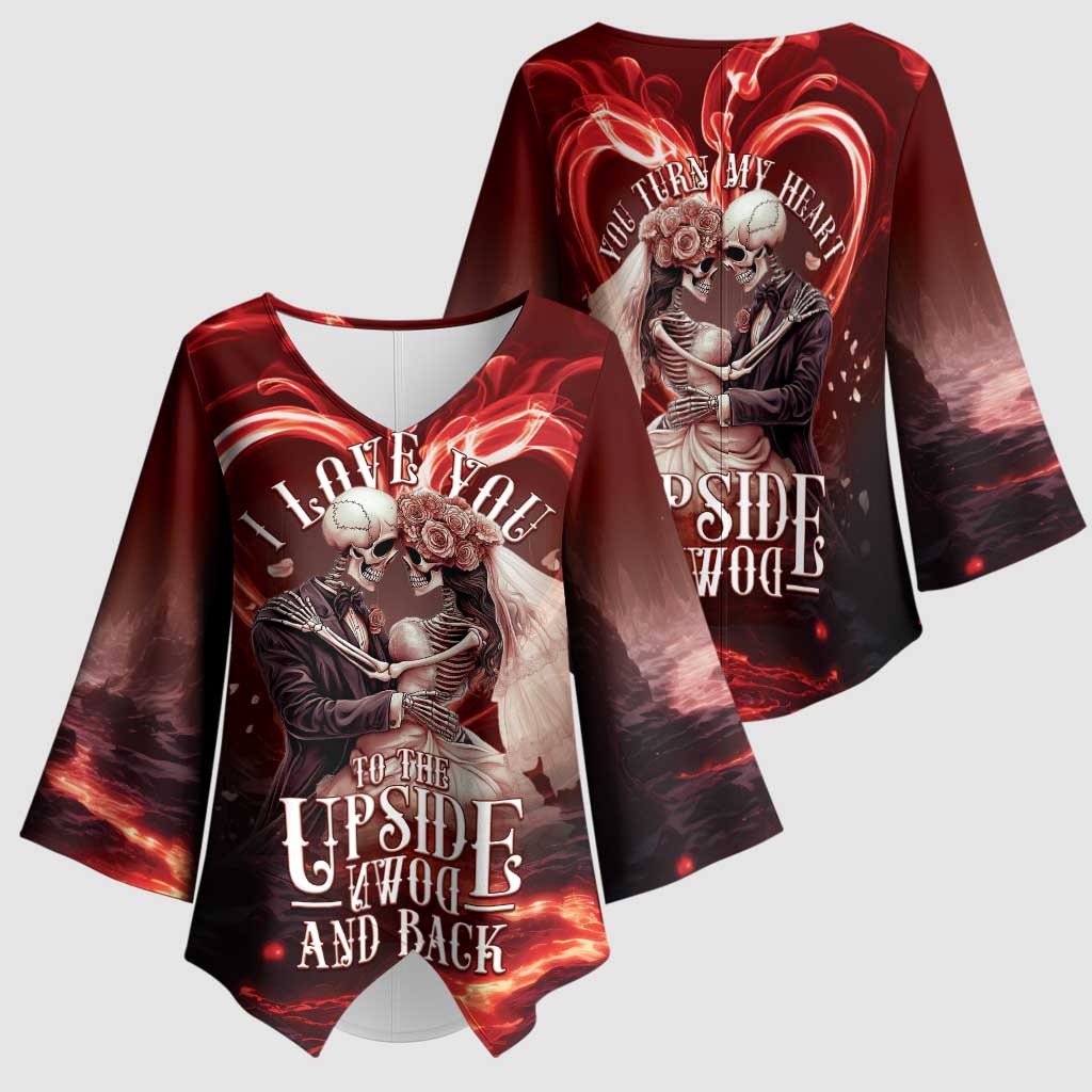 Skull Valentines Day Kimono Sleeve Blouse I Love You To The Upside Down And Back