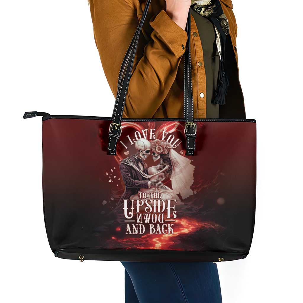 Skull Valentines Day Leather Tote Bag I Love You To The Upside Down And Back