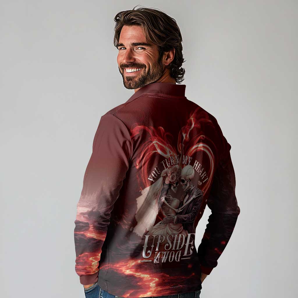 Skull Valentines Day Long Sleeve Polo Shirt I Love You To The Upside Down And Back