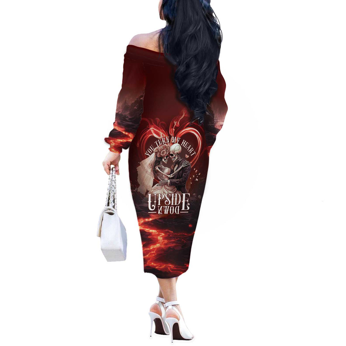 Skull Valentines Day Off The Shoulder Long Sleeve Dress I Love You To The Upside Down And Back