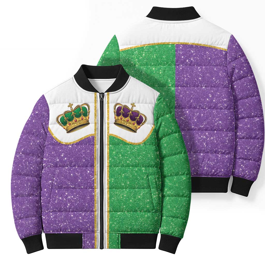 Mardi Gras Crown Bomber Puffer Jacket Western Yoke Glitter Style