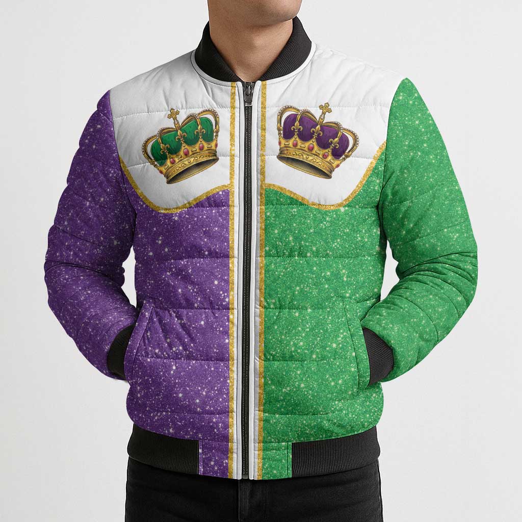 Mardi Gras Crown Bomber Puffer Jacket Western Yoke Glitter Style