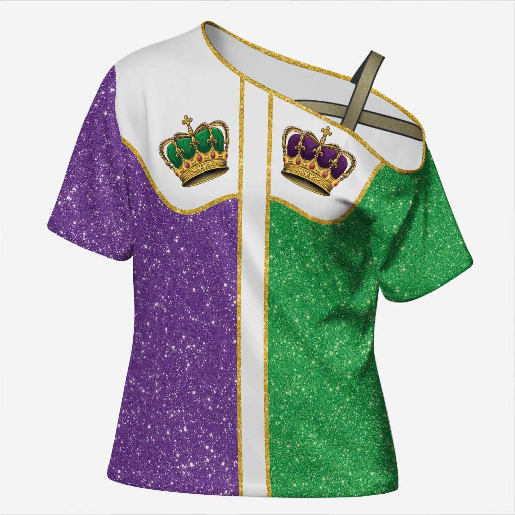 Mardi Gras Crown Cross Shoulder Shirt Western Yoke Glitter Style
