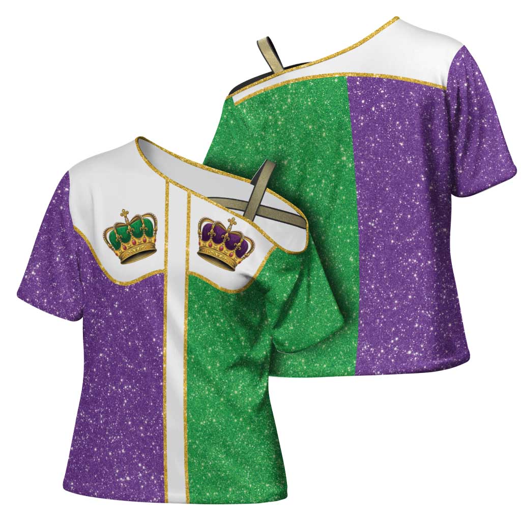 Mardi Gras Crown Cross Shoulder Shirt Western Yoke Glitter Style