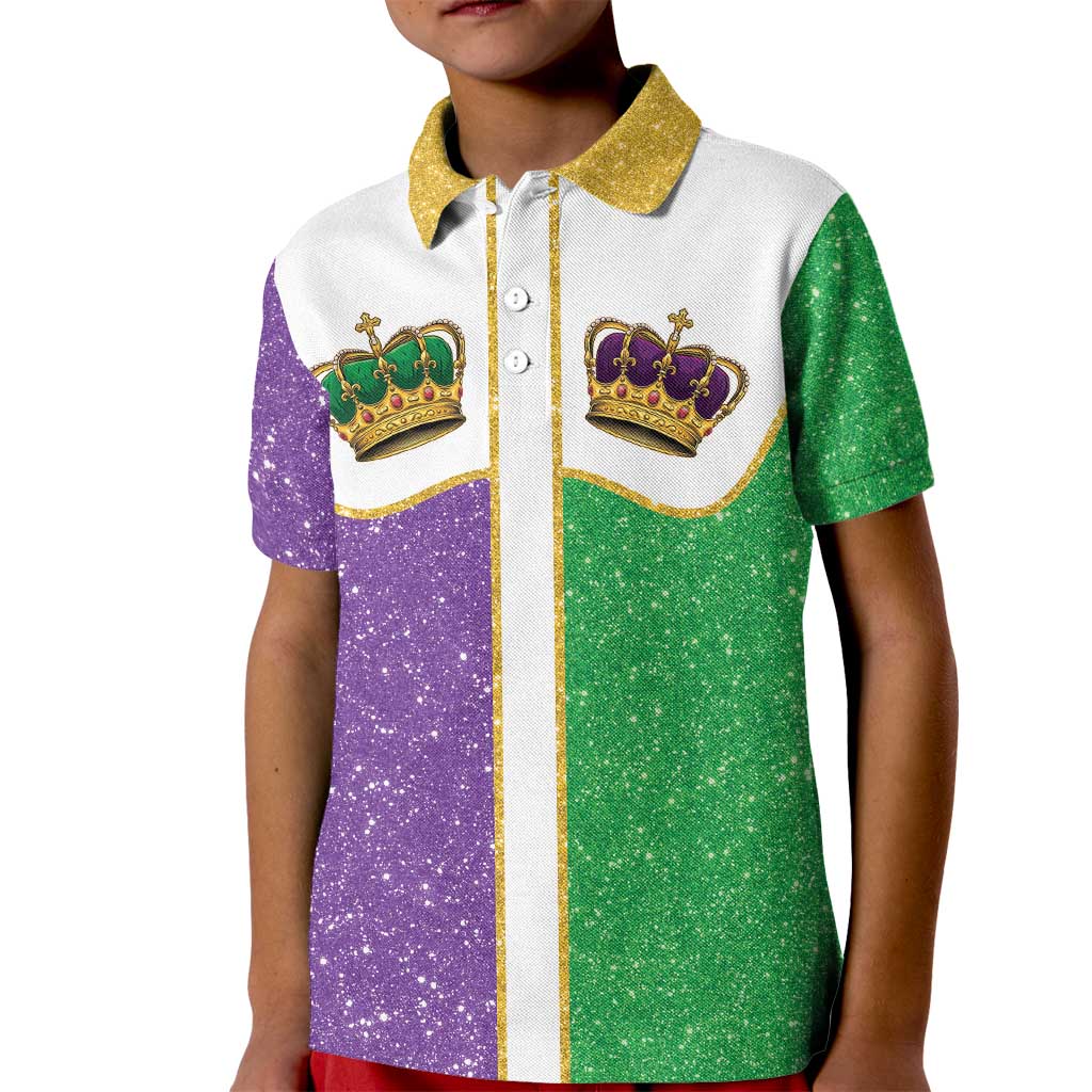 Mardi Gras Crown Kid Polo Shirt Western Yoke Glitter Style
